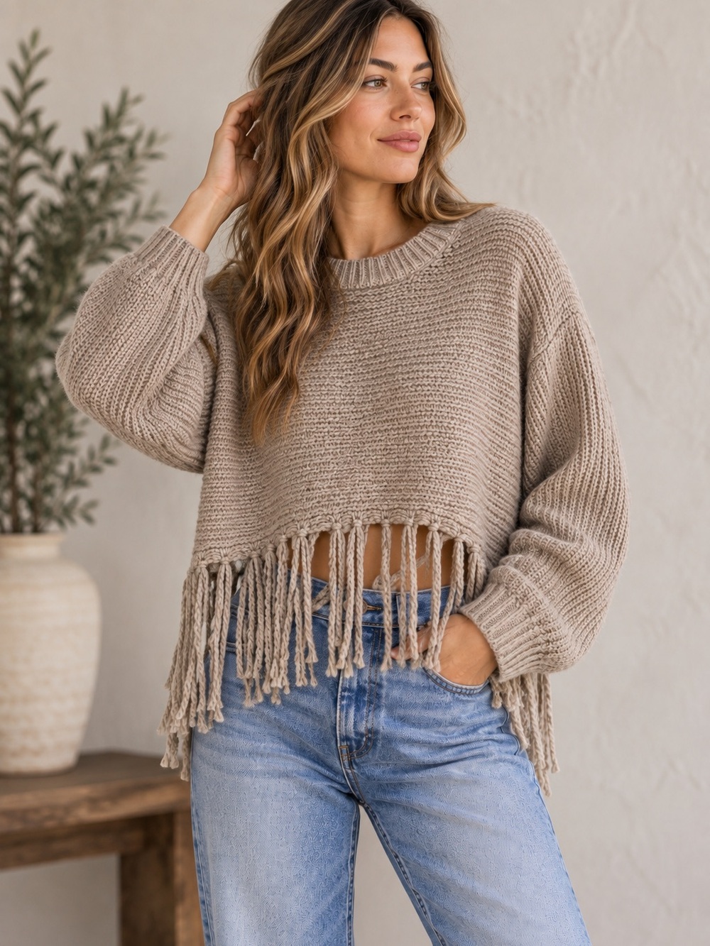 Splendid  Fringe Hem Cropped Sweater L Taupe Wool Cashmere Blend Boho Western *